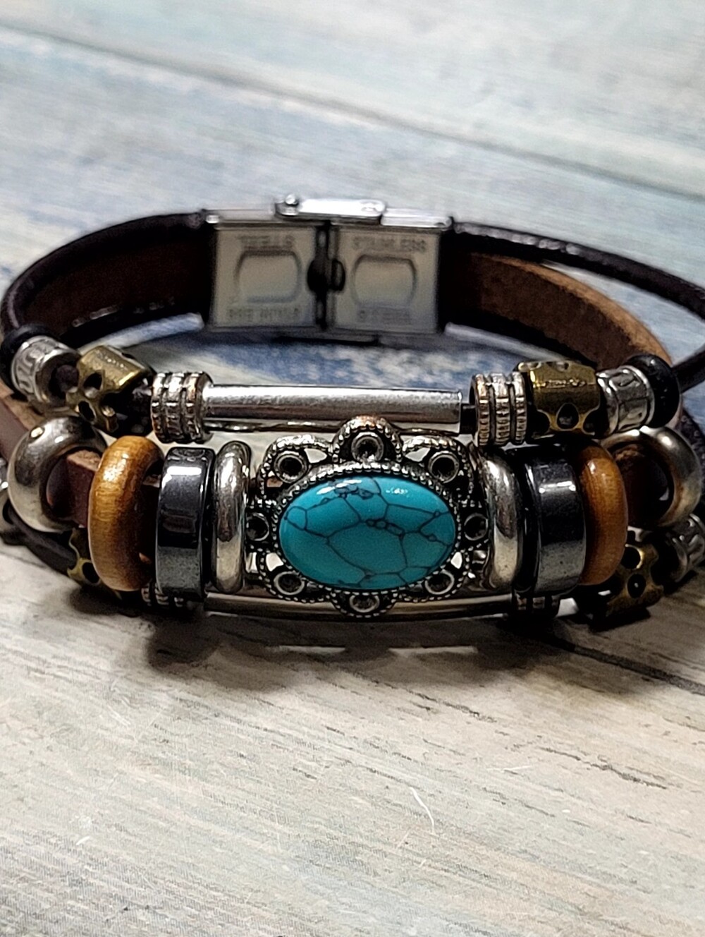 Leather Bead Bracelet with faux Turquoise Stone - Men Accessories